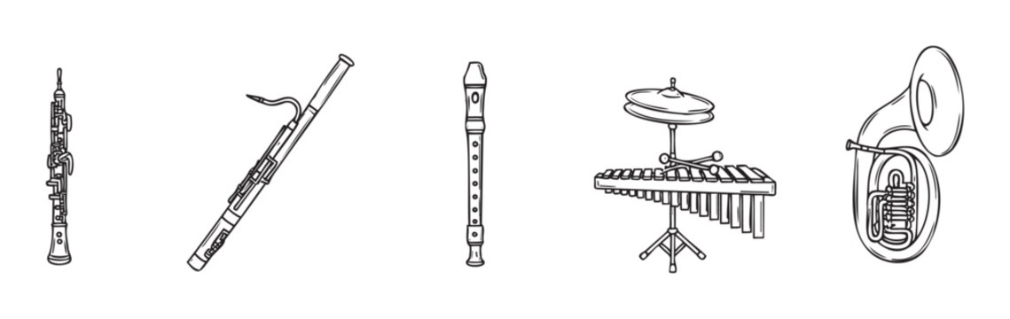 Collection of musical instruments featuring oboe, bassoon, recorder, xylophone, and sousaphone, useful for music education resources, orchestral program designs, and music school