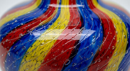 Vibrant macro closeup showcasing intricate colorful texture and wavy abstract pattern on a handcrafted artisan glass vase with translucent crystalline reflection and artistic detail.