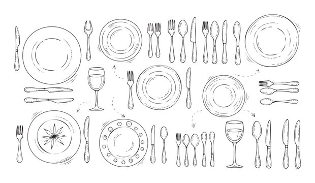 Detailed black and white hand drawn sketch compilation of diverse kitchenware and dining essentials for culinarythemed publications, recipe blogs, or elegant event invitations.
