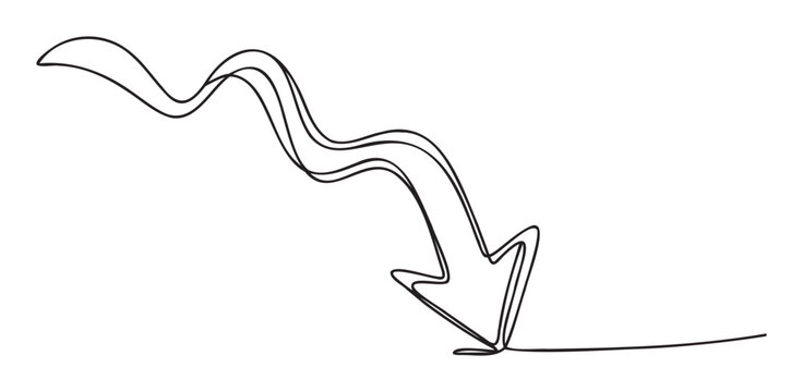 Continuous line drawing of a downward arrow symbolizing economic decline or a negative trend, perfect for business presentations, financial reports, and data visualization graphics
