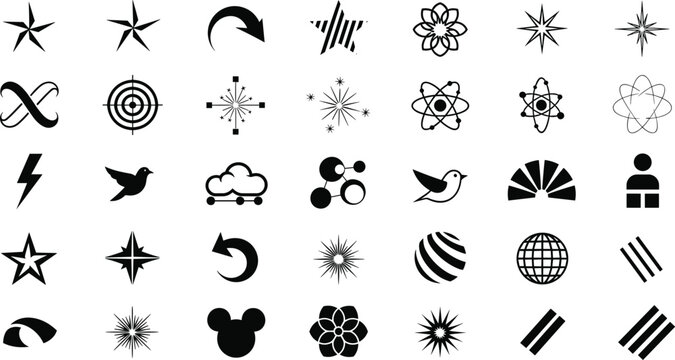 Comprehensive set of black minimalist vector icons featuring globe symbols atom models bird icons lightning bolts stars and abstract corporate branding elements for modern designs.Comprehensive set of