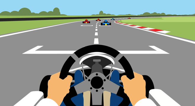 First Person View Kart Racing on Track, Competition, Speed and Action