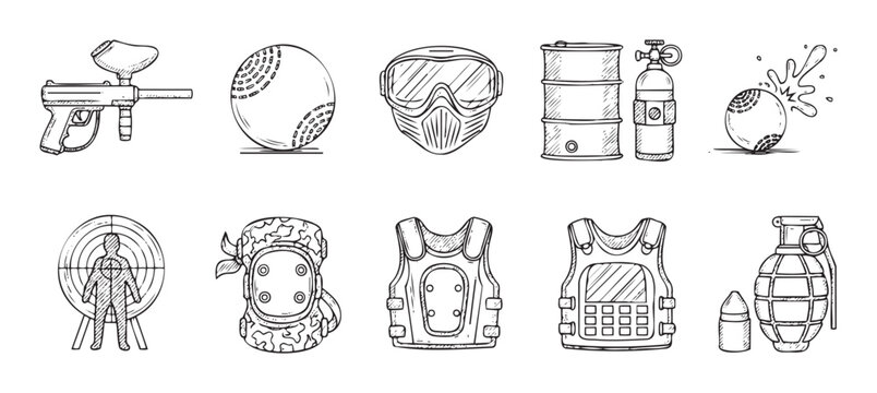 Hand drawn collection of paintball equipment, protective gear, and combat accessories for sports event promotions or gaming industry applications.