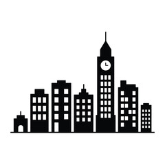 Fototapeta premium Minimalist black silhouette of a city skyline with a prominent clock tower