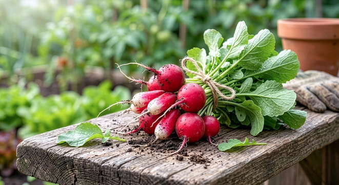 Freshly harvested organic radishes bunched on a rustic wooden bench in a sunny garden
