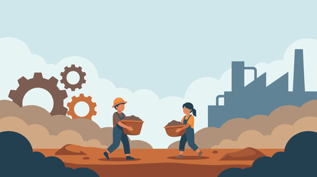 Child labour vector illustration showing two young kids in hard hats carrying heavy baskets of coal or dirt near an industrial factory with gears, representing exploitation.