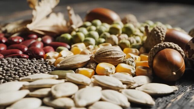 Assorted seeds and nuts on a wooden surface.