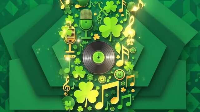 Green St. Patricks Day music flat lay with vinyl record, microphone, shamrock, clover, musical note, and geometric background. Irish festival celebration for template.
