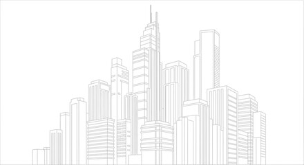 City skyline with tall buildings.