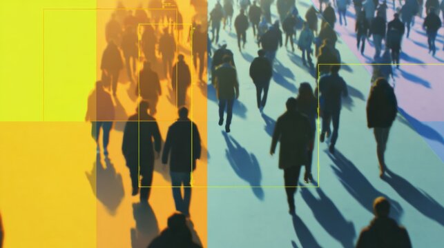Elevated surveillance of a crowd walking on an urban street with digital AI facial recognition interface for big data security tracking and public identification