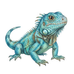 Obraz premium A detailed watercolor illustration of a vibrant blue iguana with spiky crests and scales, isolated on a white background.