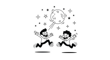 Joyful illustration of two young boys jumping high in the air under a moonlit sky filled with shining stars.