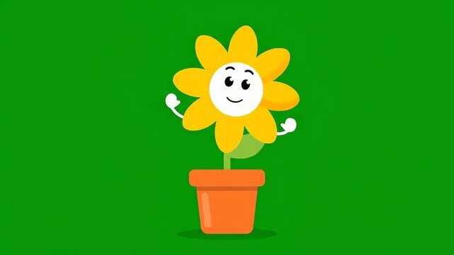 Cute cartoon flower in a pot with a happy face.