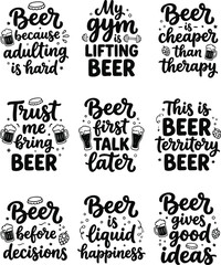 Fototapeta premium Funny Beer Quotes Typography Bundle Sarcastic Drinking Humor Lettering Design Set