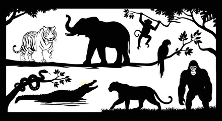 African wildlife scene with tiger elephant and monkey silhouette on transparent background © Hridoy