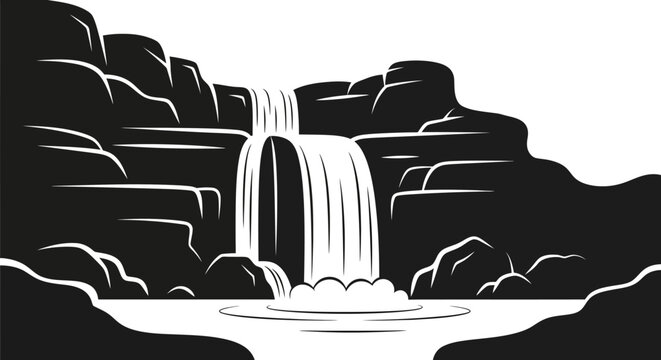 Waterfall flowing down rocky cliffside landscape.
