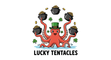 Cartoon octopus with pots of gold and clover on transparent background silhouette © Hridoy