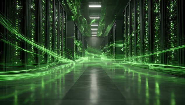 Futuristic server room with glowing green energy streams