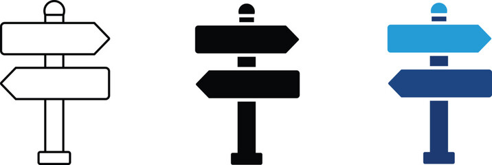 Directional signpost icon showing strategic decision making and navigation. Wayfinding illustration for business guidance, career path options, travel destination choices, and road information © Shahar  ID: #7035539