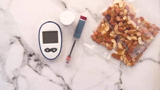 Top-down view of diabetic testing kit with blood glucose meter, lancet pen, and insulin pen alongside dry fruits, on marble surface
