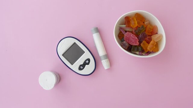 Diabetes blood glucose meter and sweet gummy candies on pink background in close up cinematic footage