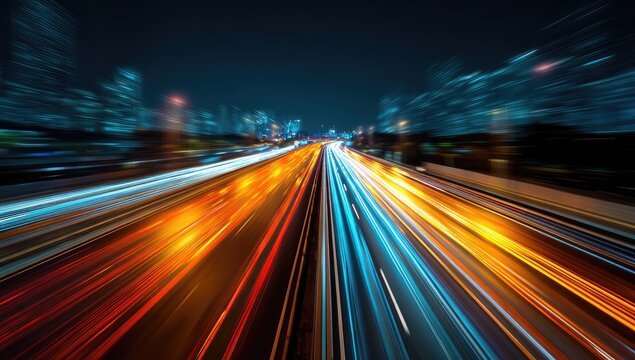 Streaking lights of vehicles create motion blur on a busy highway at night