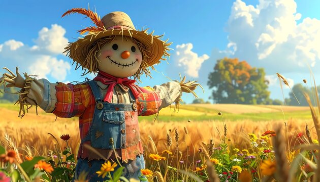 A smiling scarecrow in a field of golden wheat under a blue sky