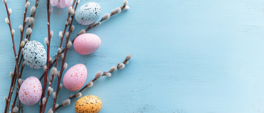 Overhead view of speckled Easter eggs and pink tulips on blue background, spring holiday flat lay with willow