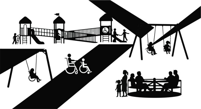 Diverse children and families enjoying an inclusive and accessible playground with swings and play structures.