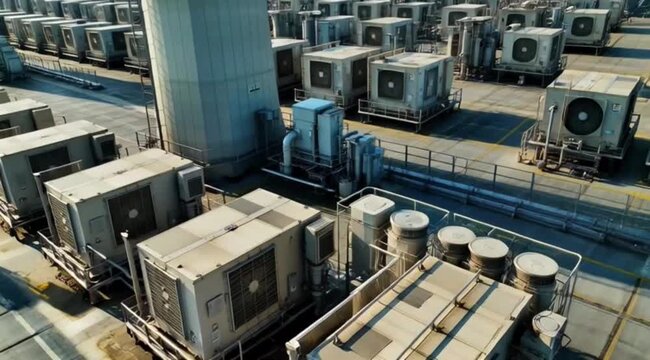 
Aerial View of Large HVAC Air Conditioning Units and Industrial Cooling Systems on Rooftop &mdash; Commercial Building Infrastructure