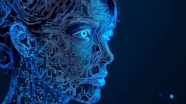 Cybernetic human face with circuit patterns