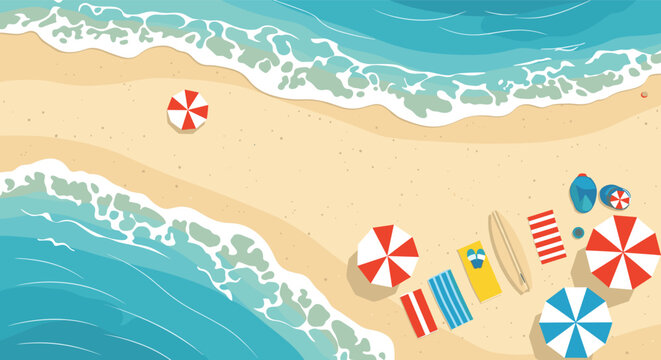 Aerial view of a sandy beach coastline with blue waves, colorful striped umbrellas, towels, and various summer vacation accessories.