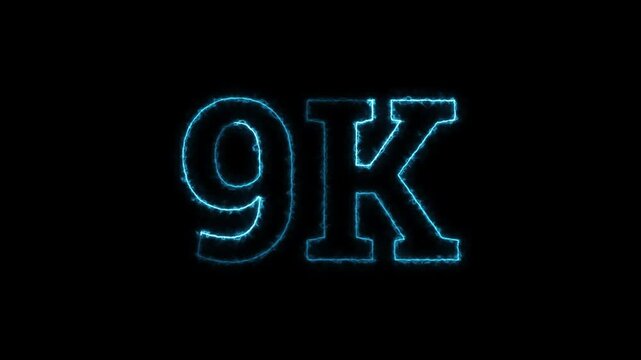 Abstract Blue Neon Glowing 9K Number Text Animation With Electric Energy Flicker Black Background