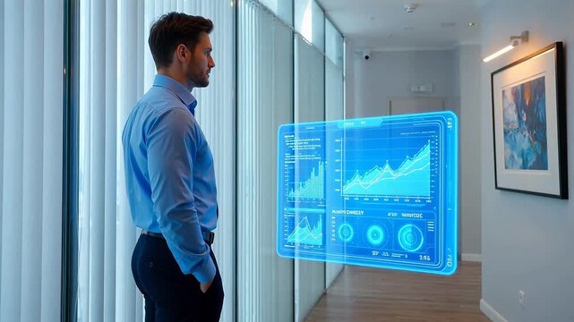 Man viewing holographic data in office