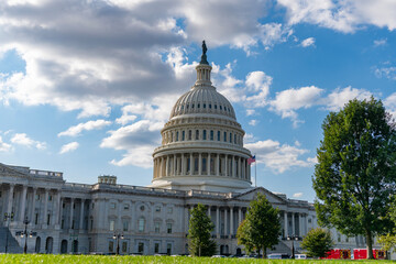 Naklejka premium Capitol dome as symbol of law. Washington monument architecture. Washington DC. US Senate. Federal government in the nation capital. USA symbol. American capital city