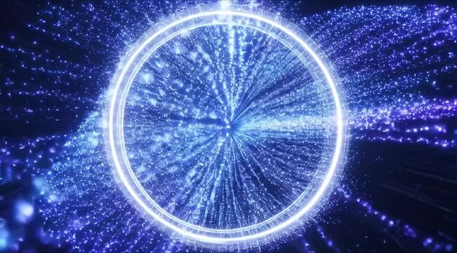 A bright blue digital binary code pattern with glowing stars and motion energy creates an abstract technology backdrop across a dark galaxy space illustration