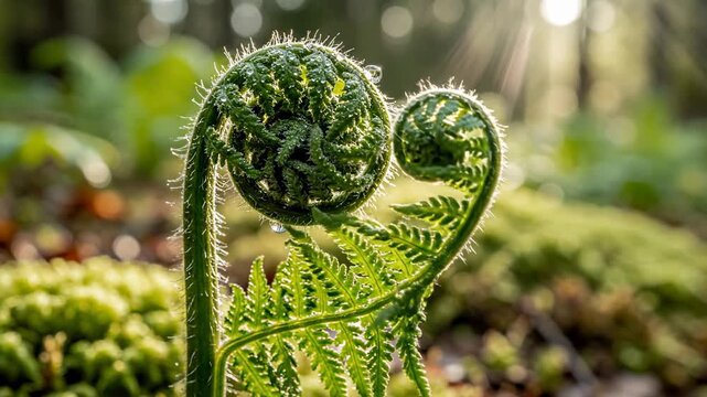 Fiddlehead ferns in a forest, curled and unfurling in natural habitat.