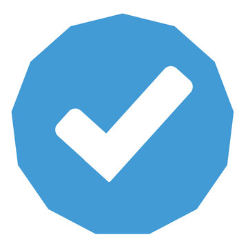 Blue dodecagon vector icon with a white checkmark, symbolizing approval, verification, success, and completion for web, app, and UI design