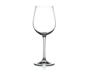 Elegant, empty glass goblet on a reflective white background