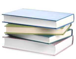 Stacked hardcovers, blue, green, tan, and pink, against white
