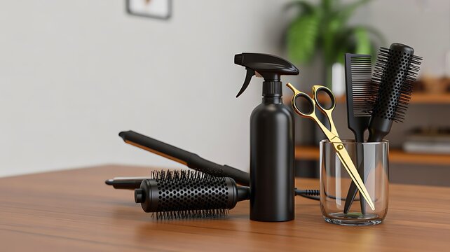 Hair styling tools with spray bottle and scissors on wooden table