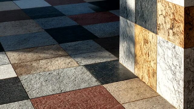 Colorful patterned tiles with shadows in sunlight