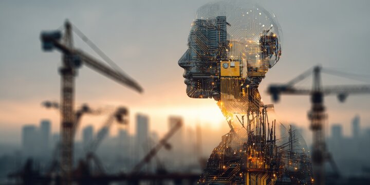 Silhouette of a human head superposed on a construction site
