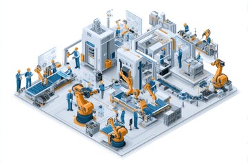 Obraz premium Automated factory assembly line with robotic arms and workers