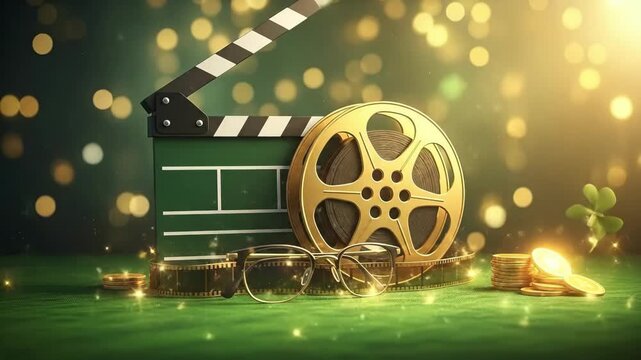 Green shamrock with cinema clapper board and golden film reel. St Patrick entertainment and movie concept, good luck, Irish holiday.