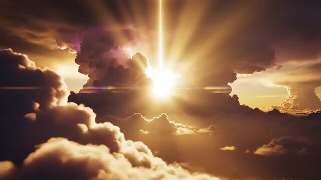 Bright sunrise breaking through dramatic clouds illuminating vibrant sky and inspiring peaceful atmosphere