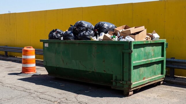 Full green dumpster with trash bags and cardboard boxes outside