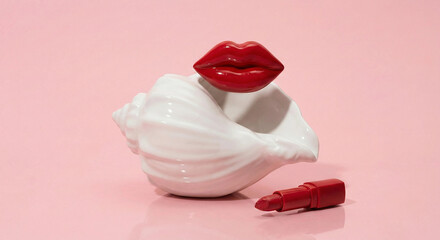 Surreal floating red lips over white seashell with lipstick