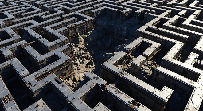 massive weathered concrete labyrinth maze with deep rocky canyons under stark daylight symbolizing challenge and mystery