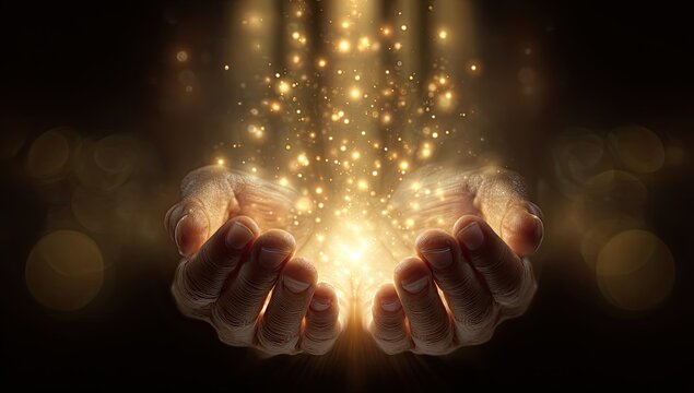 Cupped hands releasing glowing particles upward in dark background